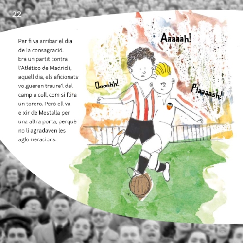 Una de les pàgines del llibre Puchades. Tonico vol ser futbolista, amb text de Josep Franco i il·lustracions de Laura Granell